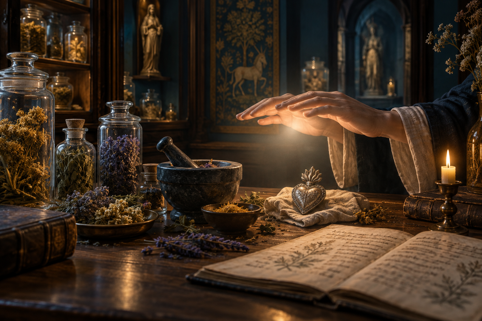 Illustration créée par IA : plantes en bocaux, mortier, ex-voto et mains au-dessus d’une table d’apothicairerie.