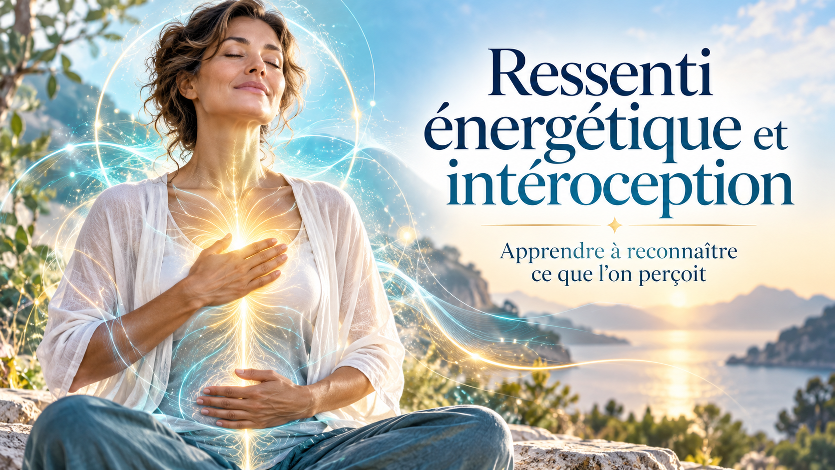 Femme méditant, une main sur le cœur et l’autre sur le ventre, illustrant le ressenti énergétique et la conscience corporelle.