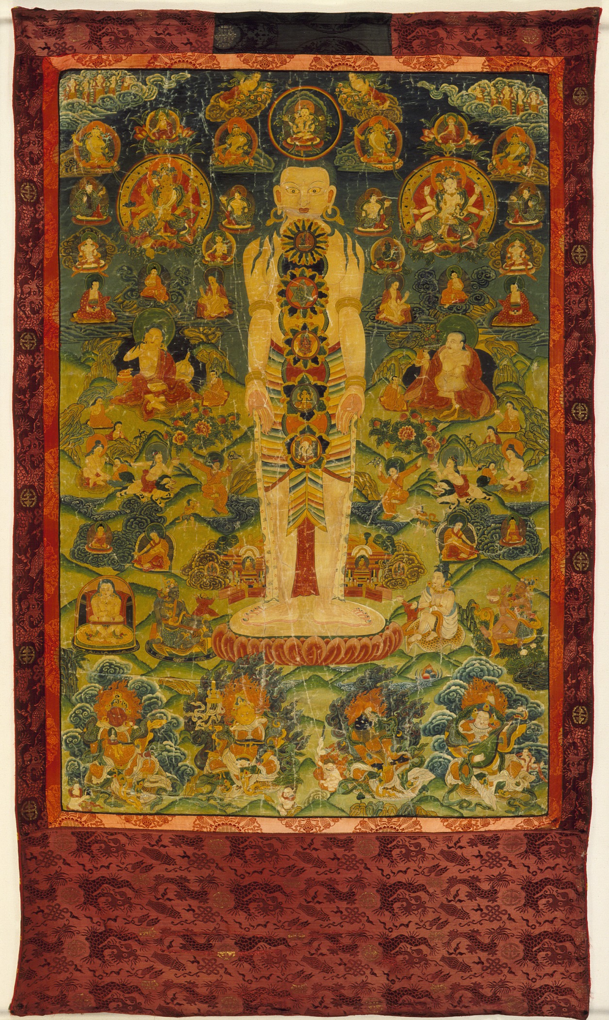 Représentation ancienne du corps subtil avec six chakras dans une tradition bouddhique