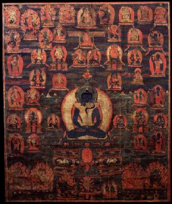 Thangka tibétain représentant Samantabhadra et Samantabhadri, symboles de la nature primordiale dans le Dzogchen