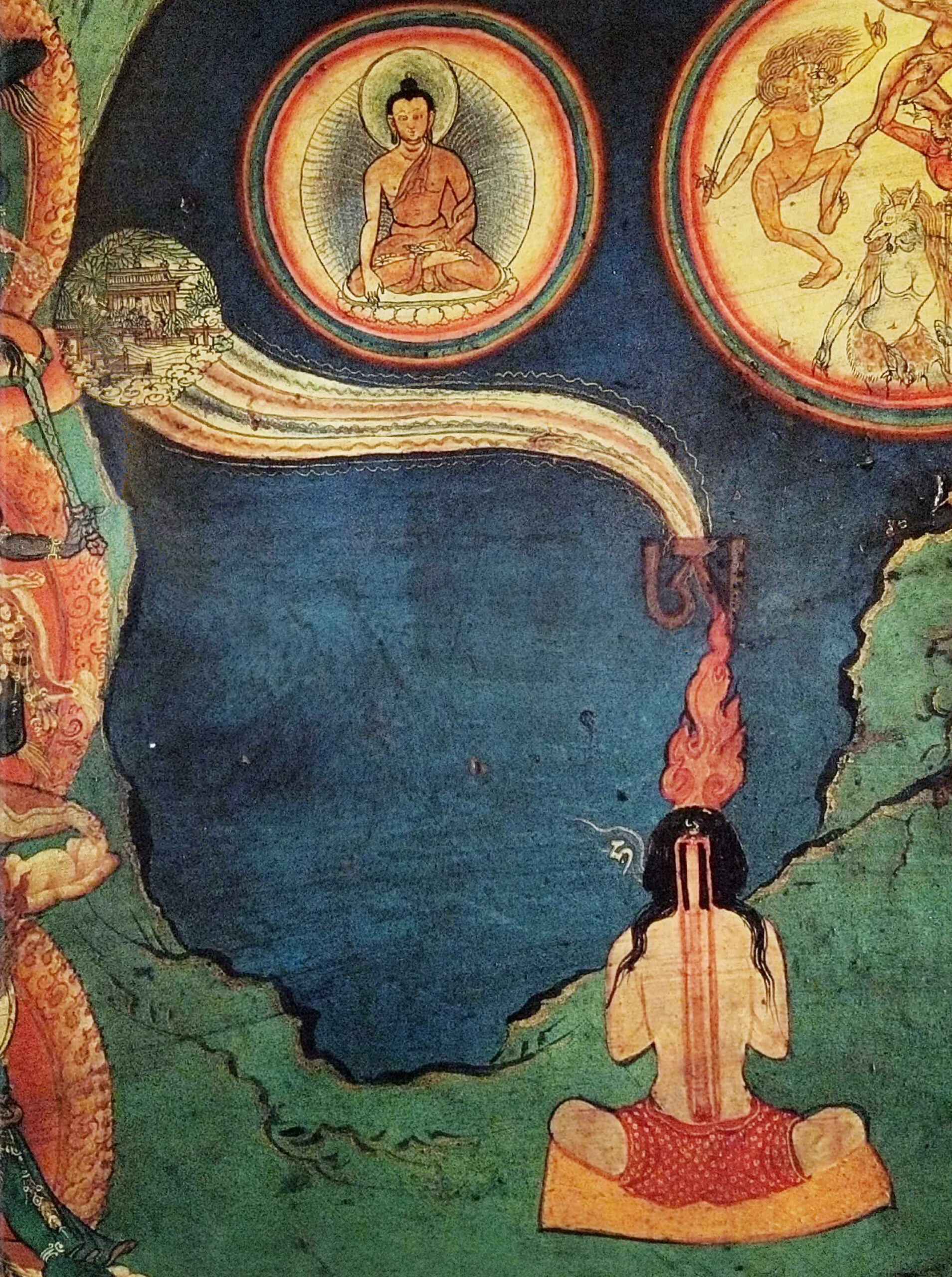 Illustration ancienne d'une pratique de Tummo dans le bouddhisme tibétain