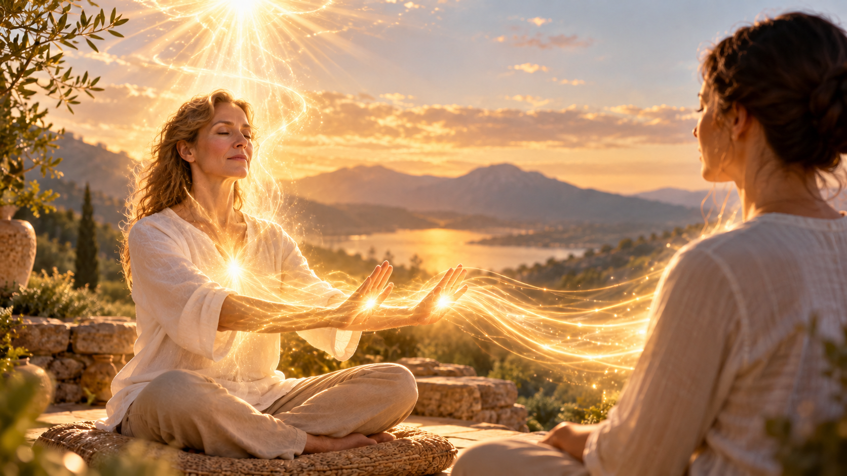 Illustration symbolique : une femme magnétise une autre femme, les paumes orientées vers elle, avec des flux dorés dans un paysage au coucher du soleil.