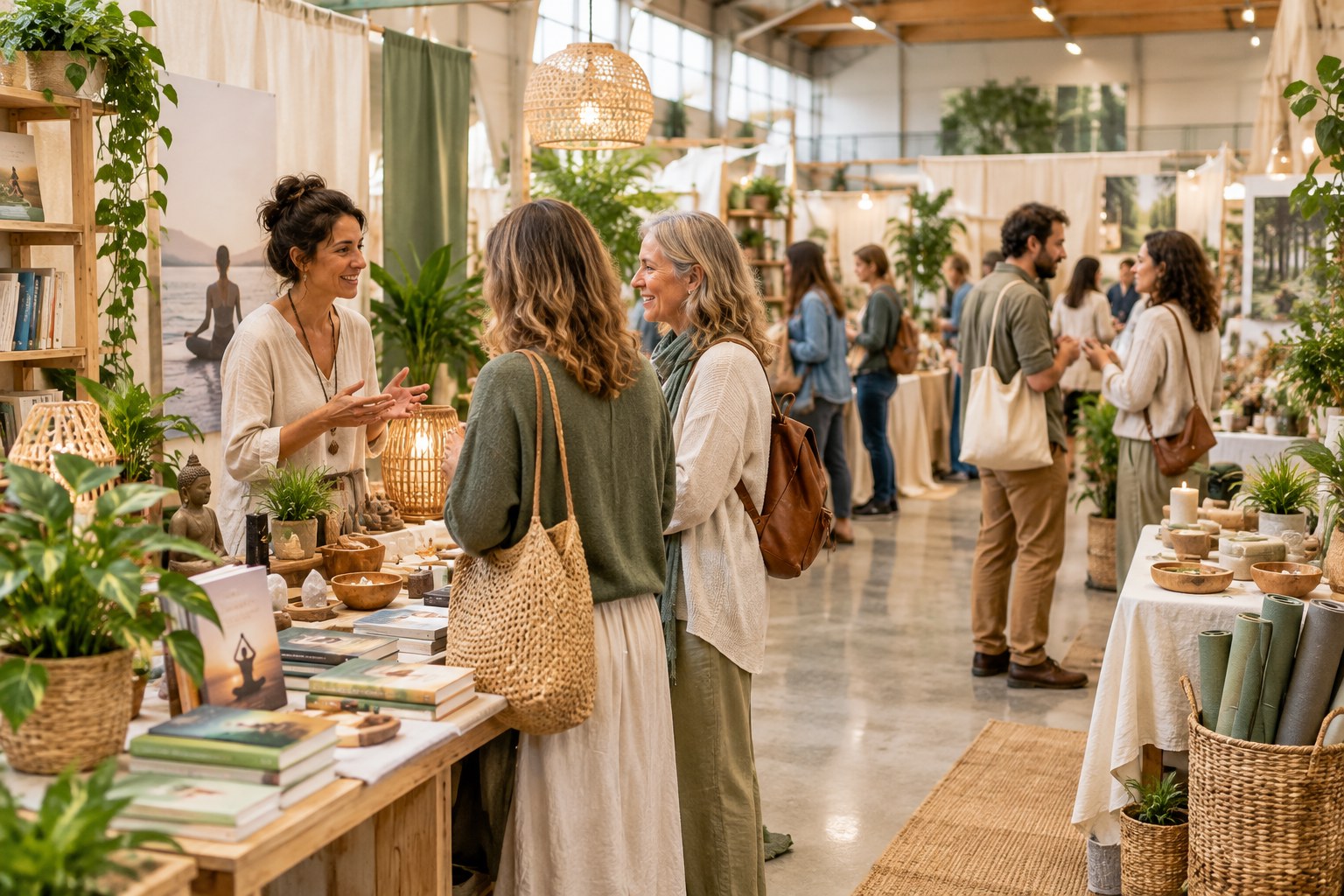Illustration d'ambiance pour l'agenda des salons bien-être 2027, visiteurs et stands artisanaux
